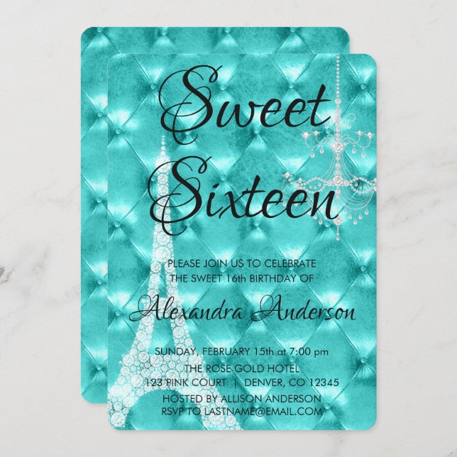 Invitación Verde azulada Blue Paris Sweet 16 cumpleaños (Anverso / Reverso)