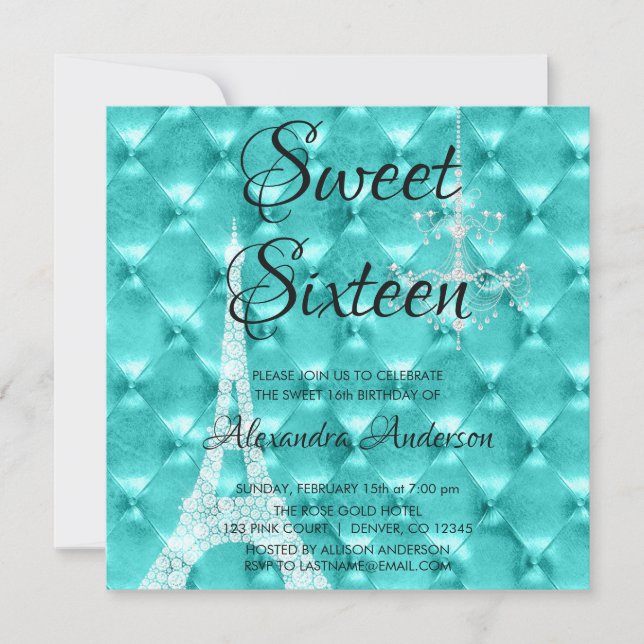 Invitación Verde azulada Blue Paris Sweet 16 cumpleaños