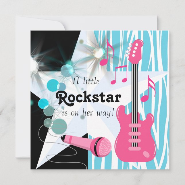 Invitación Verde azulada Blue Pink Zebra Rockstar Baby Shower (Anverso)
