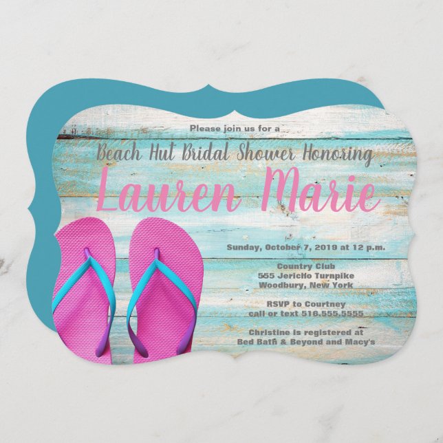 Invitación Verde azulada cabaña de playa flops ducha de novia (Anverso / Reverso)