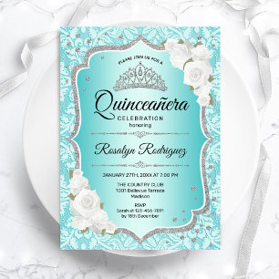 Invitación Verde azulada Damask Elegante Floral Quinceanera