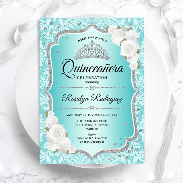 Invitación Verde azulada Damask Elegante Floral Quinceanera (Subido por el creador)