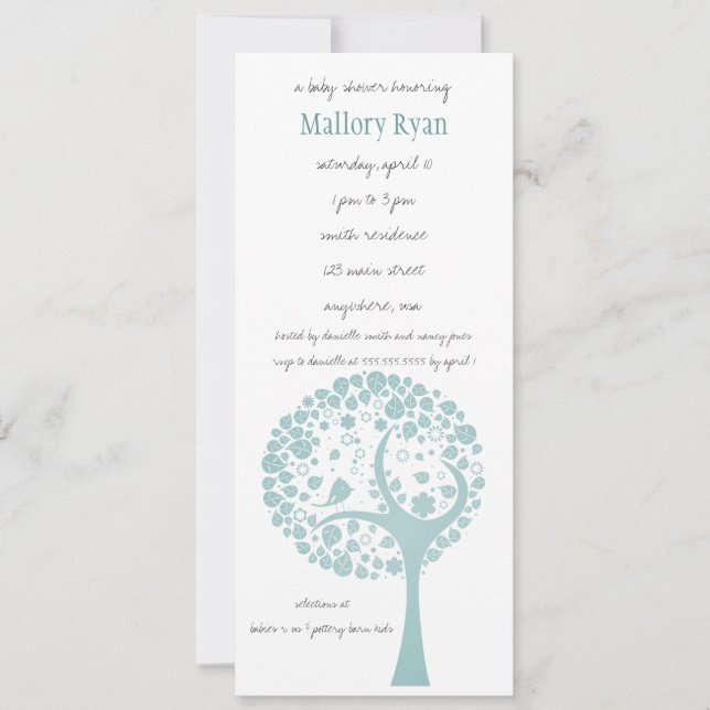 Invitación verde azulada de Baby Shower del árbol (Anverso)