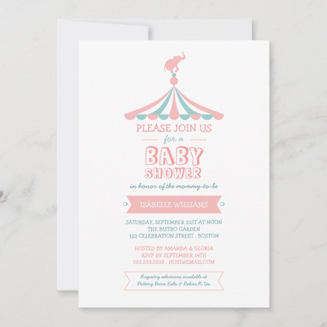 Invitación verde azulada de Baby Shower del rosa (Anverso)