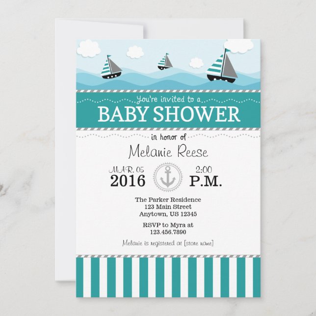 Invitación verde azulada de Baby Shower náutica az (Anverso)