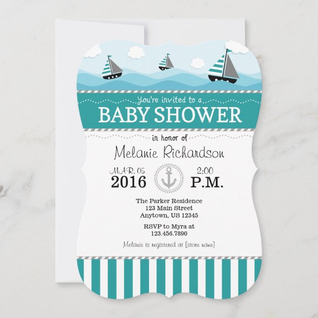 Invitación verde azulada de Baby Shower náutica az (Anverso)