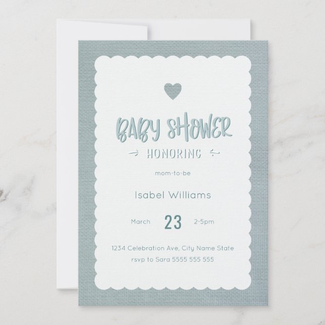 Invitación verde azulada de Burlap Baby Shower - B (Anverso)