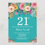 Invitación Verde azulada de cumpleaños 21<br><div class="desc">Invitación Verde azulada de 21 Años de Floral para Mujeres. Flor floral acuarela. Fondo Verde azulado Aqua Turquesa. Rosa, Amarillo, Naranja, Flor Púrpura. Cumpleaños de adultos. 13. 15. 16. 18. 20. 21. 30. 40. 50. 60. 70. 80. 90. 100. Cualquier edad. Para más personalización, haga clic en el botón "Personalizar"...</div>