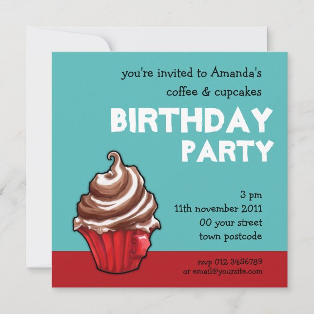 Invitación verde azulada de cumpleaños del pastel  (Anverso)
