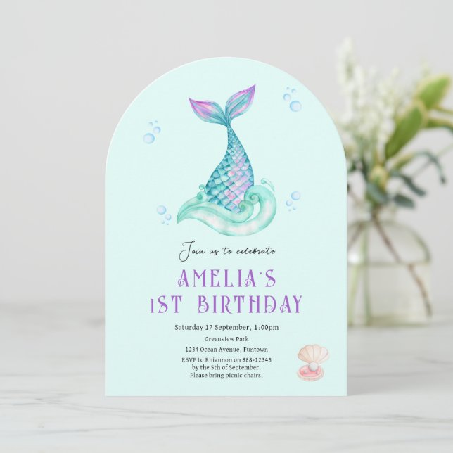 Invitación verde azulada de cumpleaños Mermaid Und (Anverso de pie)