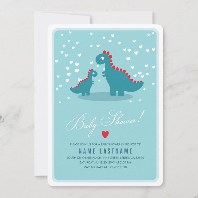 Invitación verde azulada de Dinosaur Blue Baby Sho (Anverso)