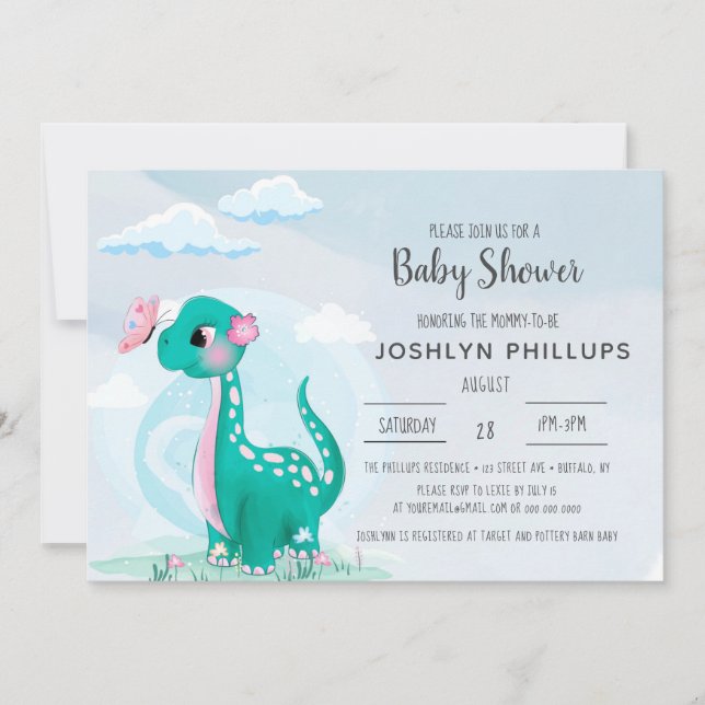 Invitación Verde azulada de dinosaurios a Baby Sho (Anverso)