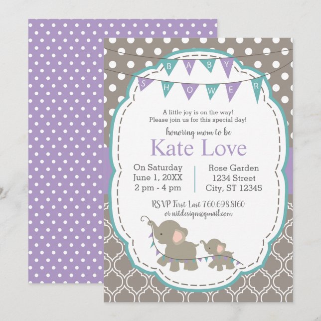 Invitación Verde azulada de Elephant Baby Shower L (Anverso / Reverso)