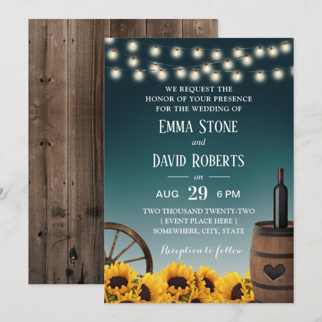 Invitación Verde azulada de girasoles del país Boda ruso de O (Anverso / Reverso)