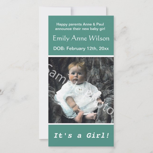 invitación verde azulada de nacimiento de bebé. añ (Anverso)