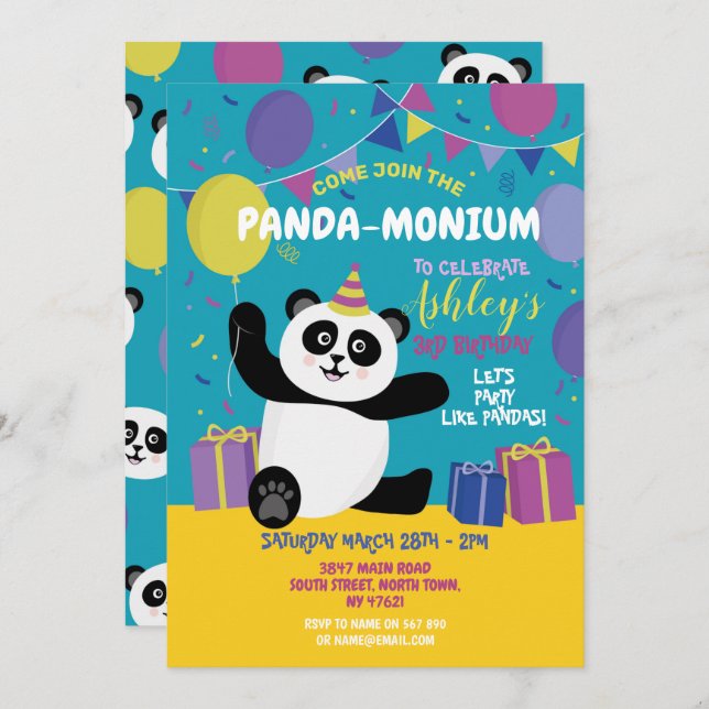 Invitación Verde azulada de Panda Fiesta cumpleaño (Anverso / Reverso)