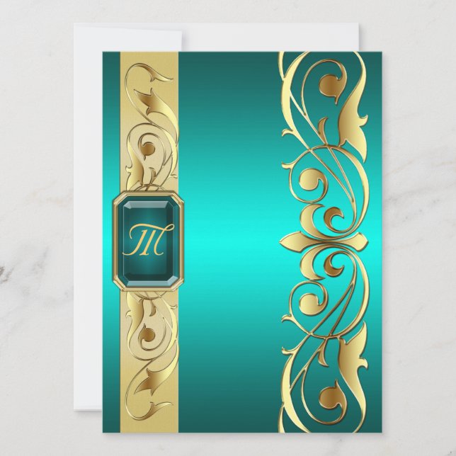 Invitación Verde azulada de pergamino de oro Verde (Anverso)