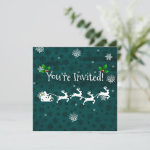 Invitación verde azulada de Santa Claus y renos