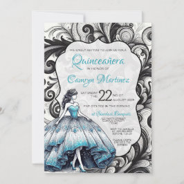 Invitación verde azulada del Chica de Quinceañera