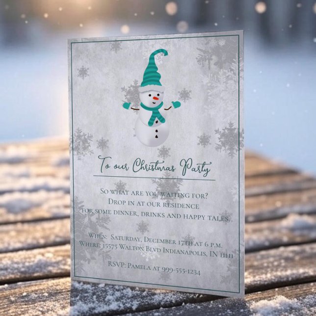 Invitación verde azulada del partido de los Navida (Teal Cute Snowman Christmas Party Invitation)