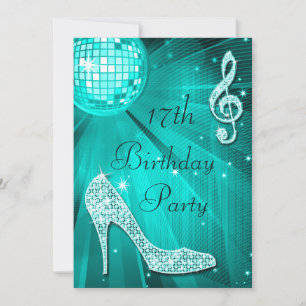 Invitación Verde azulada Disco Ball y Sparkle Heels 17 cumple