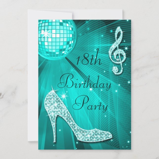 Invitación Verde azulada Disco Ball y Sparkle Heels 18 cumple (Anverso)