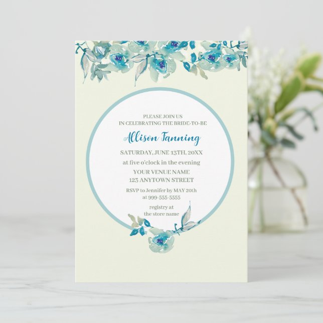 Invitación Verde azulada ducha marrón azul Rosa acuarela (Anverso de pie)