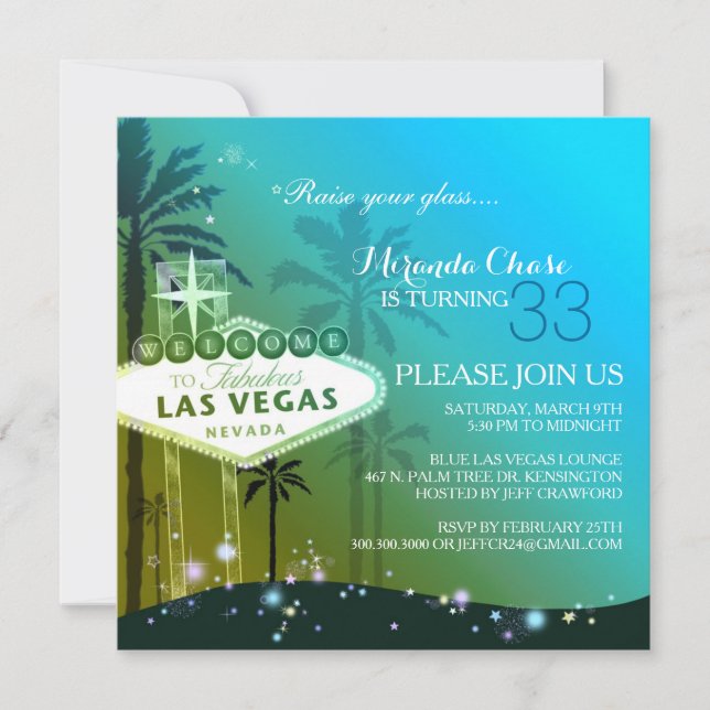 Invitación Verde azulada fiesta de cumpleaños de Las Vegas (Anverso)