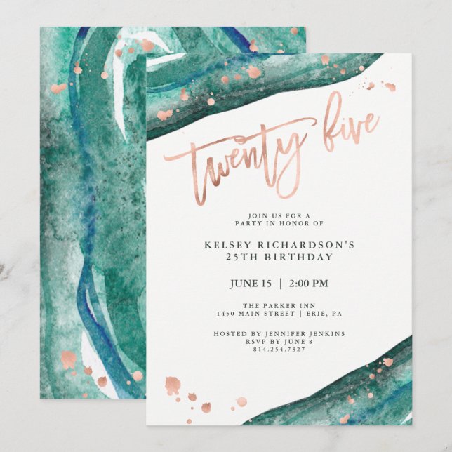 Invitación Verde azulada Geode y Faux Rosa Gold Look| 25º cum (Anverso / Reverso)