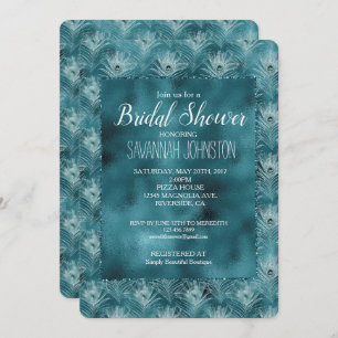 Invitación Verde azulada lluvia glam pavo real plumó ducha de