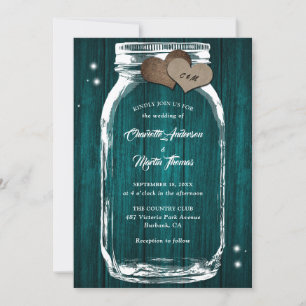 Invitación Verde azulada Mason Jar Burlap Hearts Barn Wood Bo