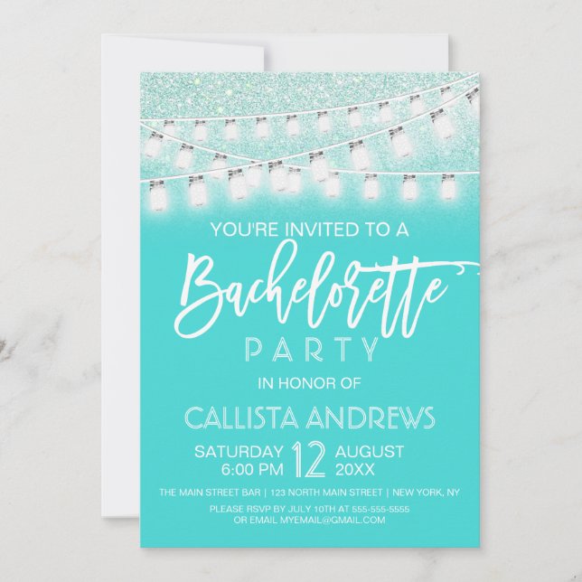 Invitación Verde azulada Mason Jar String Lights Purpurina Ba (Anverso)