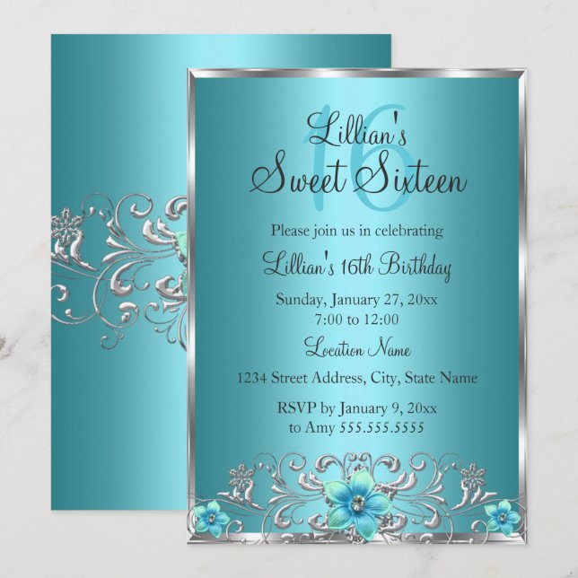 Invitación Verde azulada Plata Azul Floral Swirl Dulce 16 Inv (Anverso / Reverso)