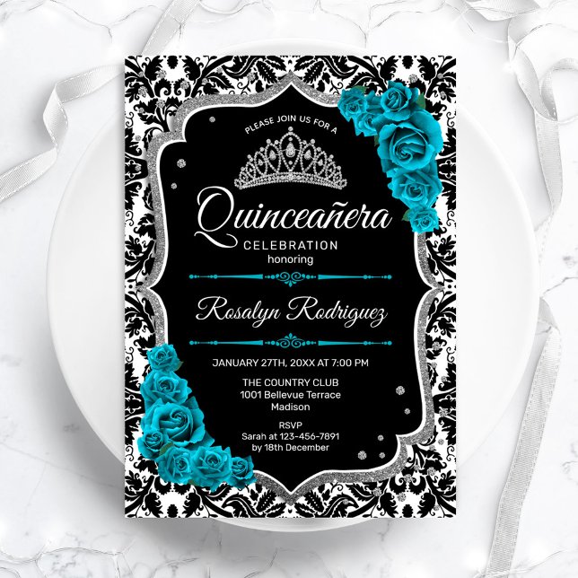 Invitación Verde azulada plata negro Damask elegante Quincean (Subido por el creador)