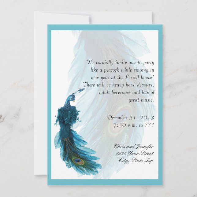 Invitación Verde azulada Pluma de pavo real azul en la vísper (Anverso)