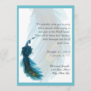 Invitación Verde azulada Pluma de pavo real azul en la vísper