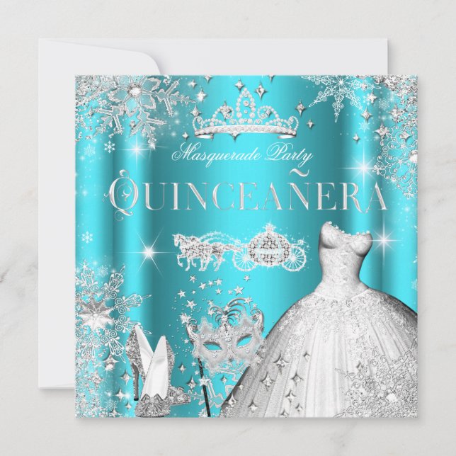 Invitación Verde azulada princesa mágica mascarada Quinceaner (Anverso)