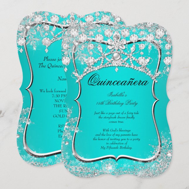Invitación Verde azulada Quinceanera 15th Winter Wonderland S (Anverso / Reverso)