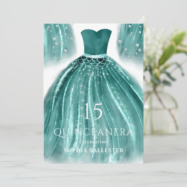 Invitación Verde azulada sirena verde vestido Quinceanera Fie (Anverso de pie)