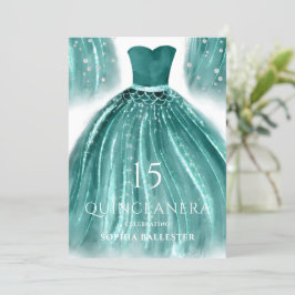 Invitación Verde azulada sirena verde vestido Quinceanera Fie