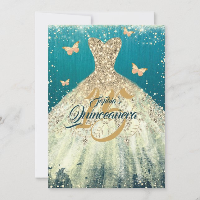 Invitación Verde azulada Sparkke Mariposa Vestido Quinceanera (Reverso)