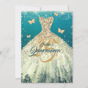 Invitación Verde azulada Sparkke Mariposa Vestido Quinceanera