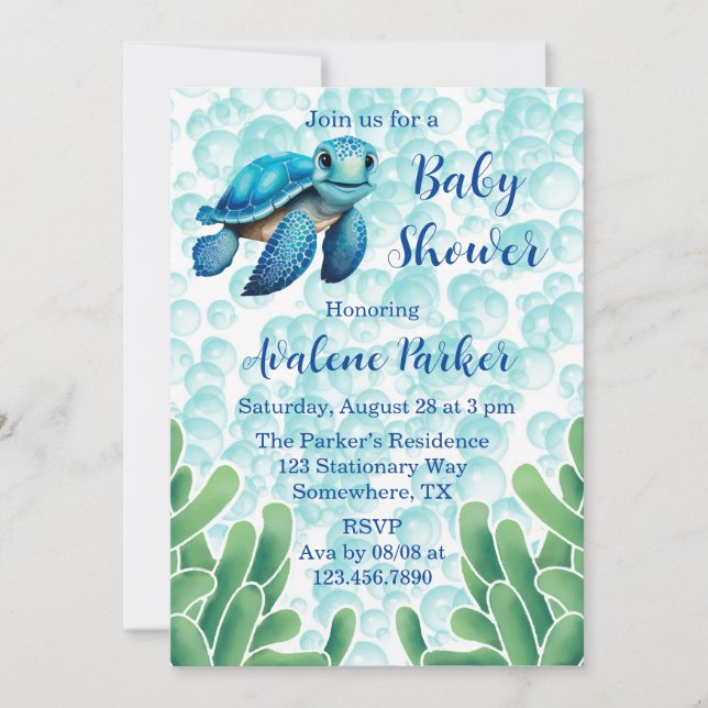 Invitación Verde azulada Turtle Blue Sea Seaweed Boy Baby Sho (Anverso)
