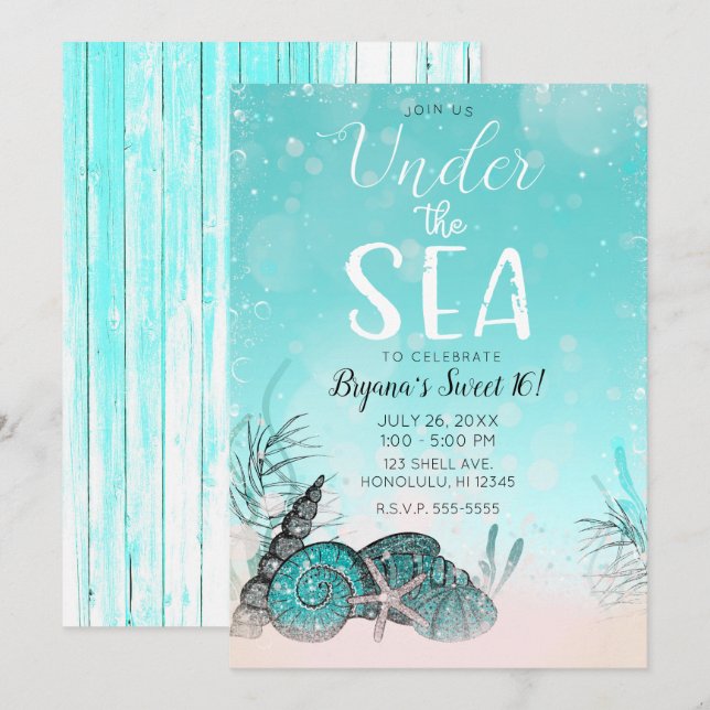 Invitación Verde azulada Under the Sea Shells Beach Sweet 16  (Anverso / Reverso)