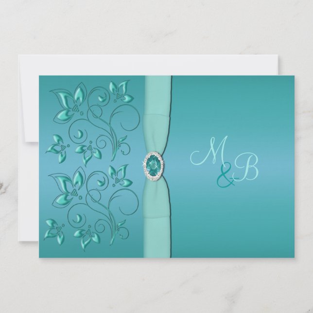 Invitación Verde azulada y Aqua Floral Monogramada (Anverso)