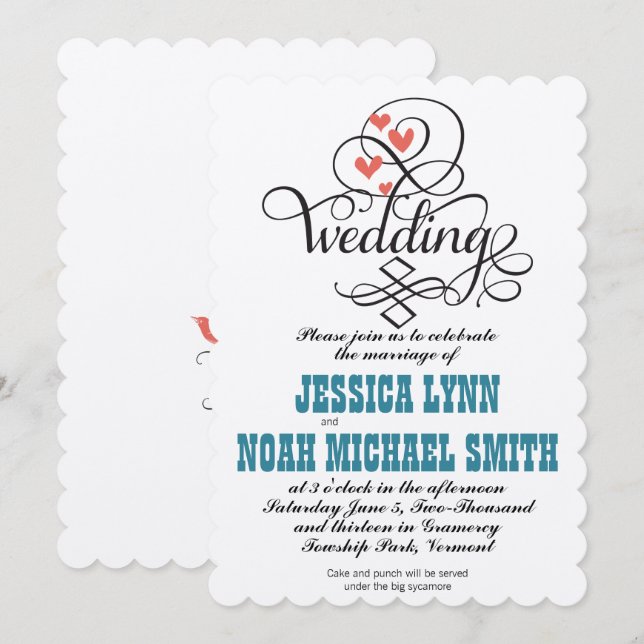 Invitación Verde azulada y coral de corazones capr (Anverso / Reverso)