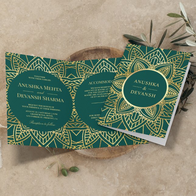 Invitación Verde azulada y de oro de la etnia mandarala Boda  (Subido por el creador)