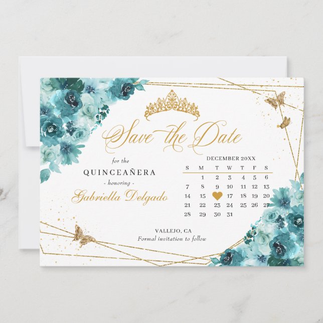 Invitación Verde azulada y Gold Quinceañera Salven La Fecha (Anverso)