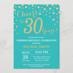 Invitación Verde azulada y Gold Surprise Diamond 30 cumpleaño