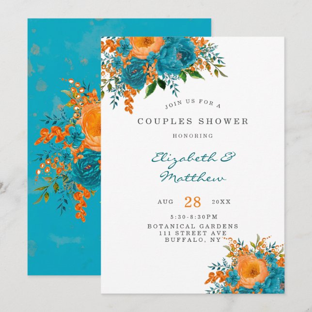 Invitación Verde azulada y Naranja Pintada Florals Ducha Pare (Anverso / Reverso)